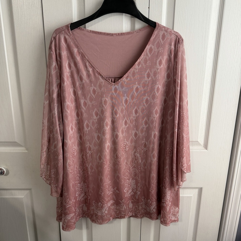 Pink Floral Lined V Neck Long Sleeve Blouse Women's Size 6XL‎ Office Business